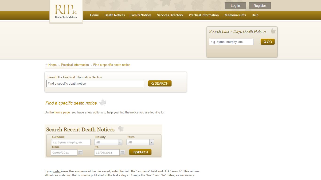 Find a specific death notice - RIP.ie